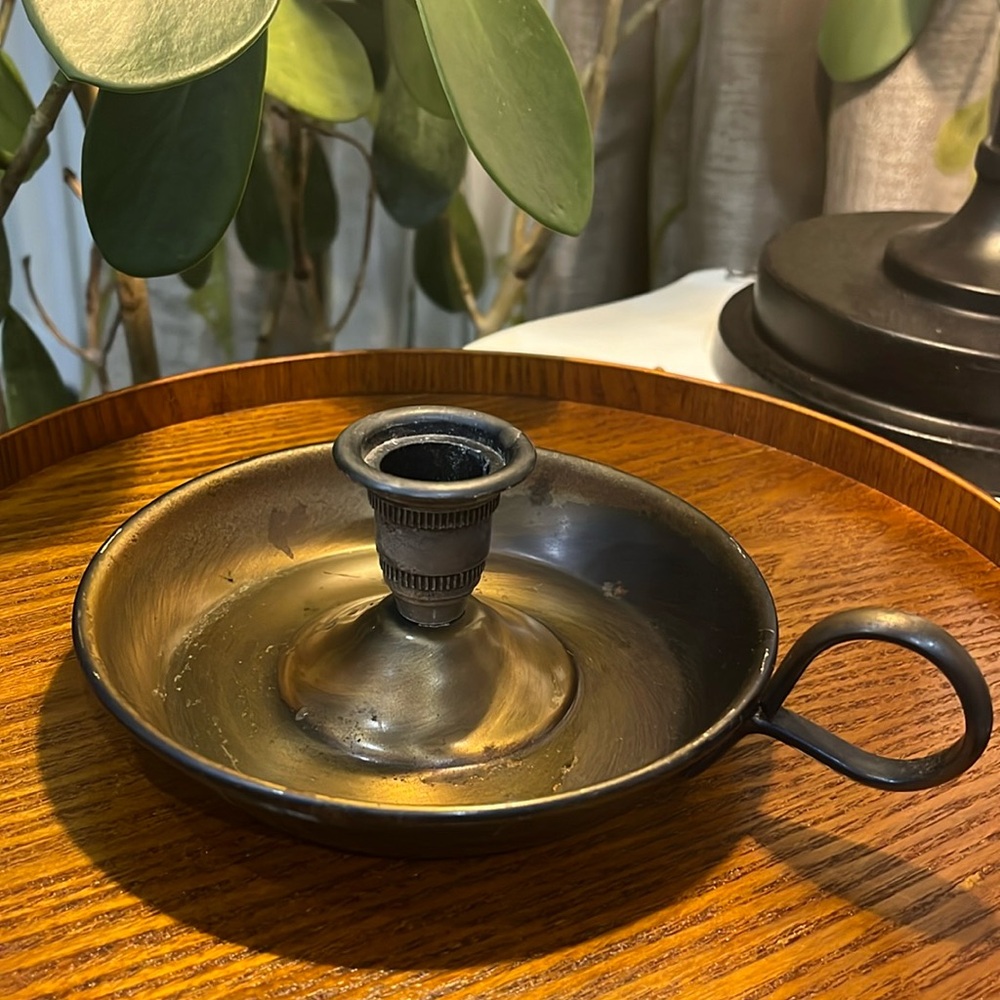 Vintage Brass Chamber Stick Candle Holder Farmhouse Handle Taper
